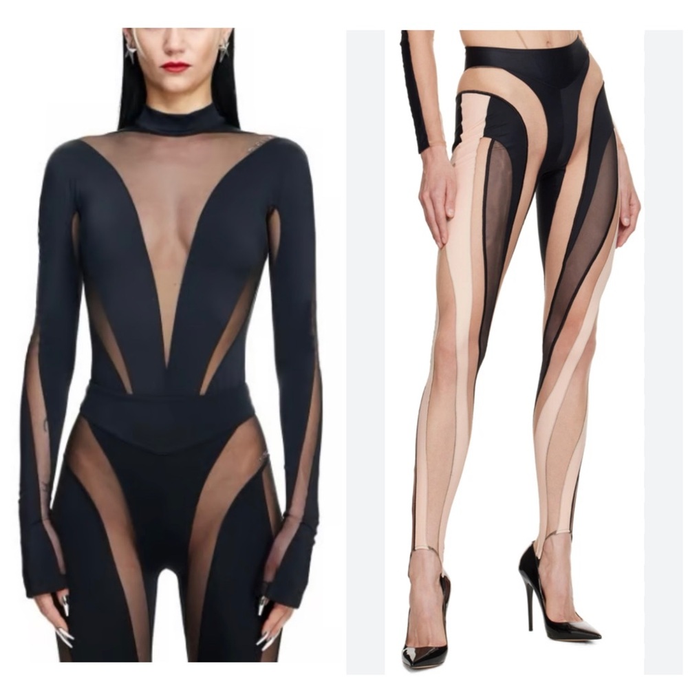 Mugler Black Sheer Panel Bodysuit w/ Mugler Black & Beige Spiral Leggings Set XS